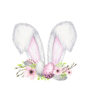Çiçekli taç ve yumurtalarla suluboya Paskalya Tavşanı kulakları beyaz arka planda izole edilmiş pembe gri çizimler. El boyaması çizgi film Bahar Tatili Tavşanı kulakları