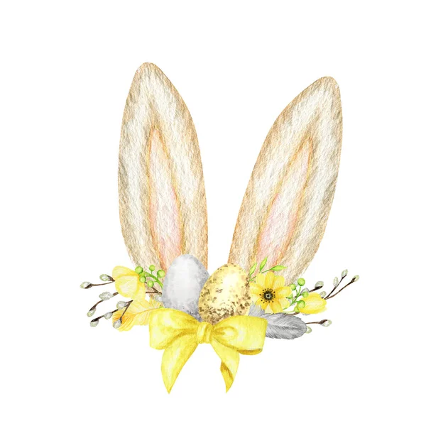 Oreilles de lapin de Pâques aquarelle avec couronne florale et oeufs isolés illustration sur fond blanc. Caricature peinte à la main Vacances de printemps Oreilles de lapin — Photo
