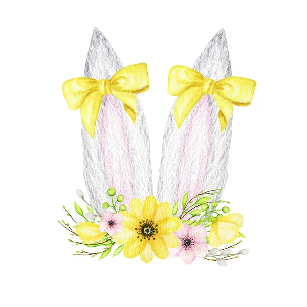 Oreilles de lapin de Pâques aquarelle avec couronne florale, arc isolé jaune illustration rose sur fond blanc. Caricature peinte à la main Vacances de printemps Oreilles de lapin — Photo
