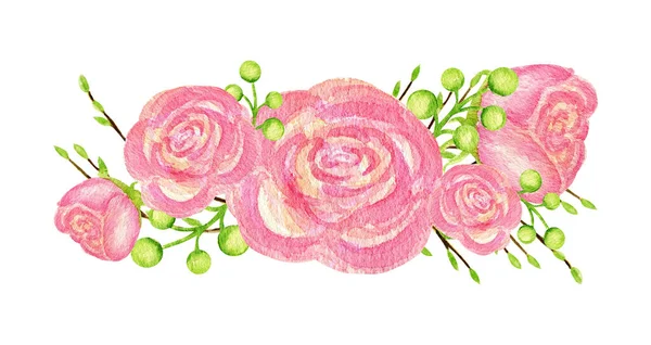 Aquarelle Bouquet floral printanier isolé rose roses illustration sur fond blanc. Caricature peinte à la main vacances de printemps concept de décoration pour carte de vœux — Photo