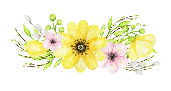 Akvarel Jaro Velikonoční květinová kytice izolované žlutá růžová zelená ilustrace na bílém pozadí. Ručně malované karikatury Jarní prázdniny dekorace koncept pro přání — Stock fotografie