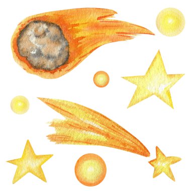 Comet and stars in the Solar System watercolor isolated illustration on white background. Outer Space planet hand drawn. Our galaxy astronomy education material. clipart