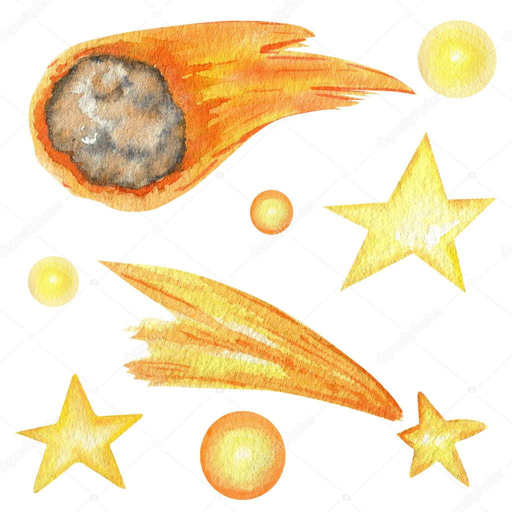 Comet and stars in the Solar System watercolor isolated illustration on white background. Outer Space planet hand drawn. Our galaxy astronomy education material.