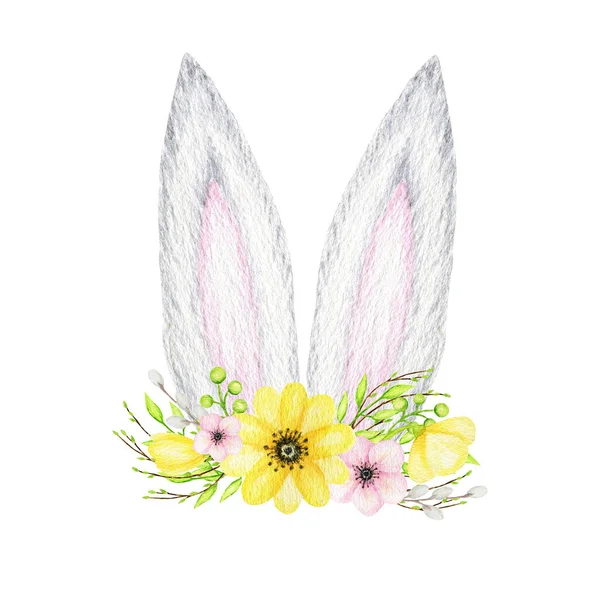 Oreilles de lapin de Pâques aquarelle avec couronne florale isolé jaune rose illustration sur fond blanc. Caricature peinte à la main Vacances de printemps Oreilles de lapin — Photo