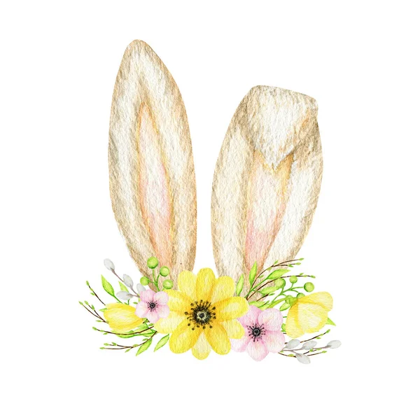 Oreilles de lapin de Pâques aquarelle avec couronne florale isolé jaune rose illustration sur fond blanc. Caricature peinte à la main Vacances de printemps Oreilles de lapin — Photo