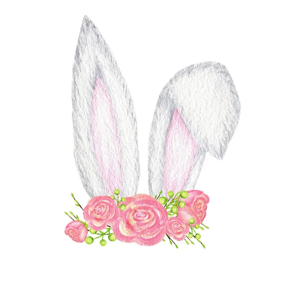 Oreilles de lapin de Pâques aquarelle avec couronne florale rose illustration isolée sur fond blanc. Caricature peinte à la main Vacances de printemps Oreilles de lapin avec fleurs roses — Photo