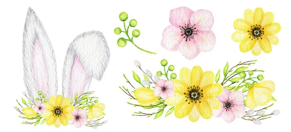 Akwarela Easter Bunny uszy zestaw z korony kwiatowej, łuk izolowane żółty różowy ilustracja na białym tle. Ręcznie malowane kreskówki Spring Holidays Królicze uszy — Zdjęcie stockowe
