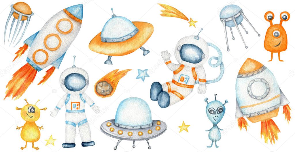 Astronaut, cosmonaut in helmet, Space rocket, Flying saucer UFO, Spaceship start, cartoon alien, satellite, Unidentified flying object, Sputnik antenna stars. Watercolor isolated kids illustration
