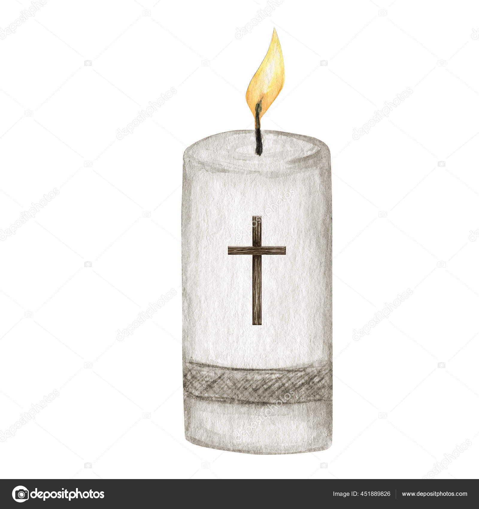 Religious Candle Flame Fire Light, Candle with cross, isolated on white background. Religious