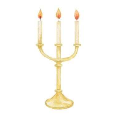 Kaliteli altın bir şamdanda yanan dini bir mum. Beyaz bir arkaplanda izole edilmiş.