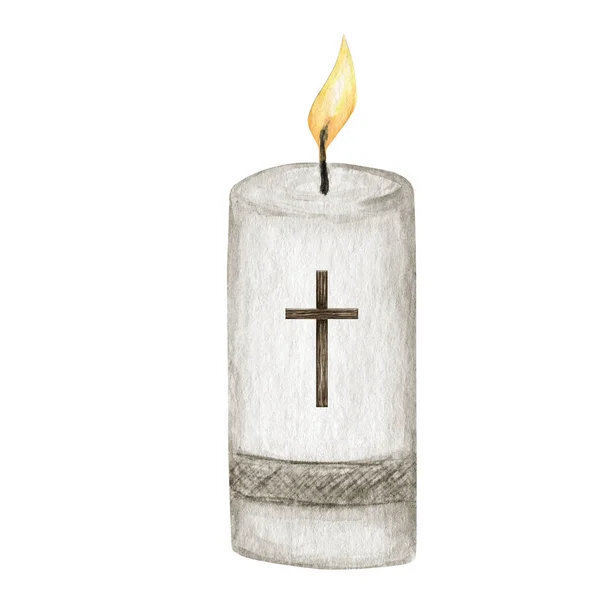 Religious Candle Flame Fire Light, Candle with cross, isolated on white background. Religious chatolic christian holidays element — Stock Photo, Image