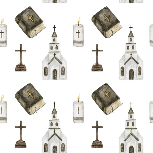 Easter Christian church, bible, Cross, candles Seamless pattern. Catholic Church fabric design background. Spring holidays Religion symbol scrapbook paper for Baptism, first communion