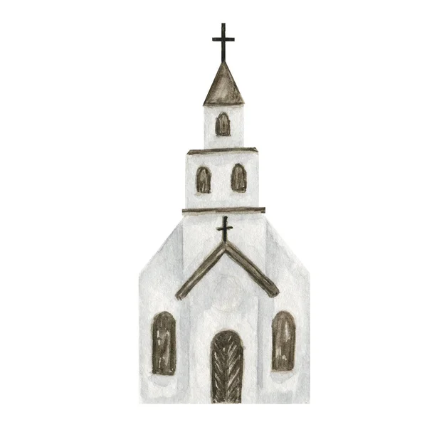 Aquarel oude katholieke kerk geïsoleerd op een witte achtergrond. Christelijke religieuze gebouw close-up illustratie. — Stockfoto