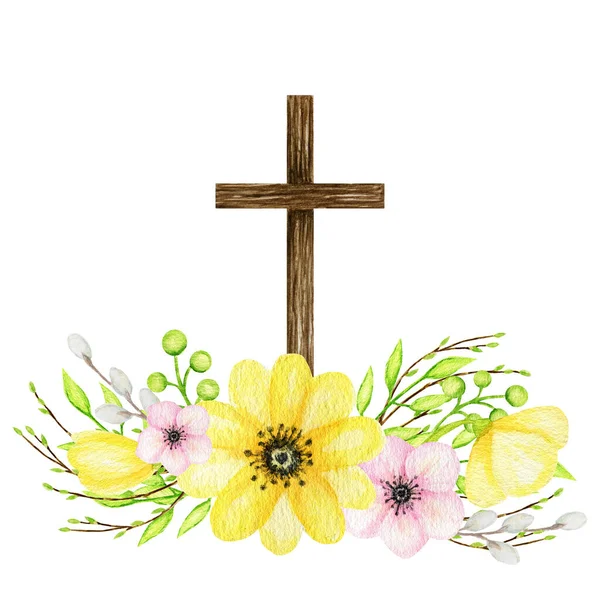 Cruz cristã de madeira com flores. Igreja Católica cruz floral isolado no fundo branco. Símbolo religioso — Fotografia de Stock