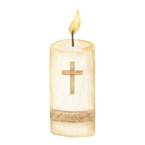 Religious Candle Flame Fire Light, Candle with cross, isolated on white background. Religious catolic christian holidays element — Stock Photo, Image