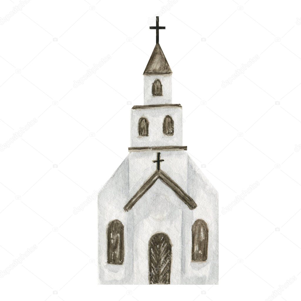 Watercolor old Catholic Church isolated on a white background. Christian Religious building close-up illustration.