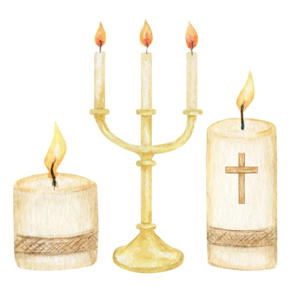 Religious Candle Flame Fire Light, Candle with cross, isolated on white background. Religious catolic christian holidays element. Burning candles on an vintage gold candlestick — Stock Photo, Image