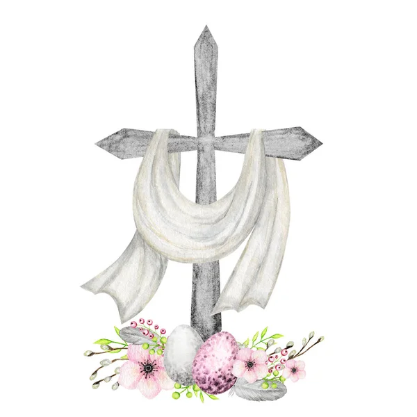 Húsvét Fa Keresztény Kereszt virágokkal és tojásokkal. Katolikus templom virágos kereszt elszigetelt fehér háttérrel. Vallás szimbóluma — Stock Fotó