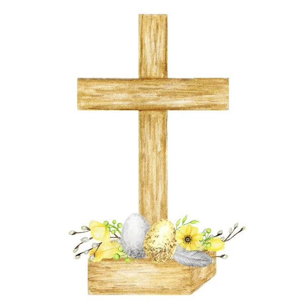 Croce cristiana pasquale in legno con fiori e uova. Chiesa cattolica croce floreale isolata su sfondo bianco. Vacanze primaverili Simbolo religioso — Foto Stock