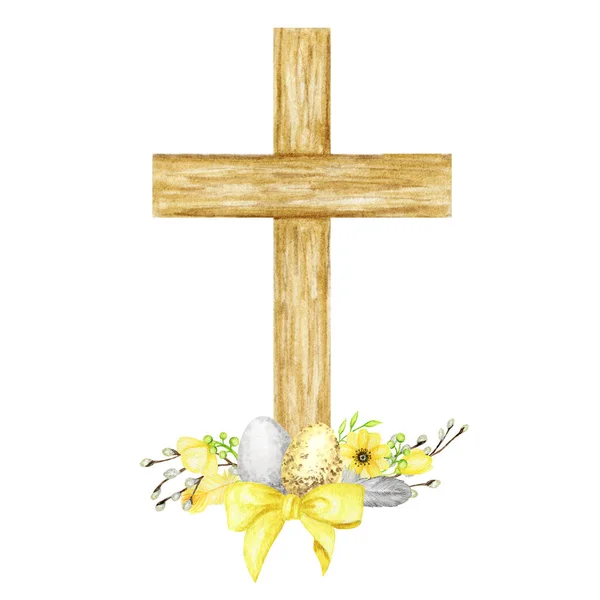Croce cristiana pasquale in legno con fiori e uova. Chiesa cattolica croce floreale isolata su sfondo bianco. Vacanze primaverili Simbolo religioso — Foto Stock