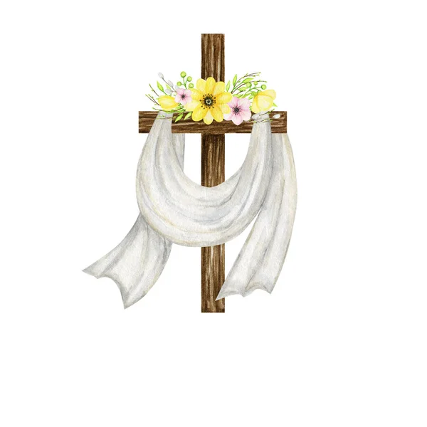 Cruz cristã de madeira com flores. Igreja Católica cruz floral isolado no fundo branco. Símbolo religioso — Fotografia de Stock