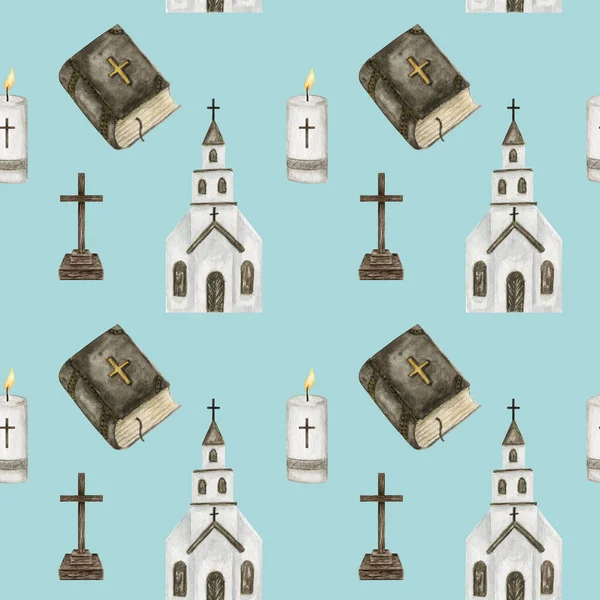Paaskerk, bijbel, kruis, kaarsen Naadloos patroon. Katholieke kerk stof ontwerp achtergrond. Voorjaarsvakantie Religie symbool plakboek papier voor de doop, eerste communie — Stockfoto