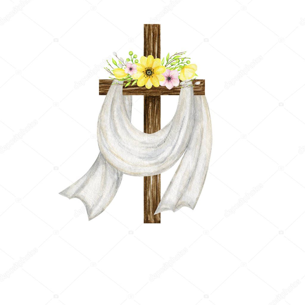 Wooden Christian Cross with flowers. Catholic Church floral cross isolated on white background. Religion symbol