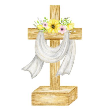Çiçekli Tahta Hıristiyan Haçı. Beyaz arka planda izole edilmiş Katolik Kilisesi çiçek haçı. Din sembolü