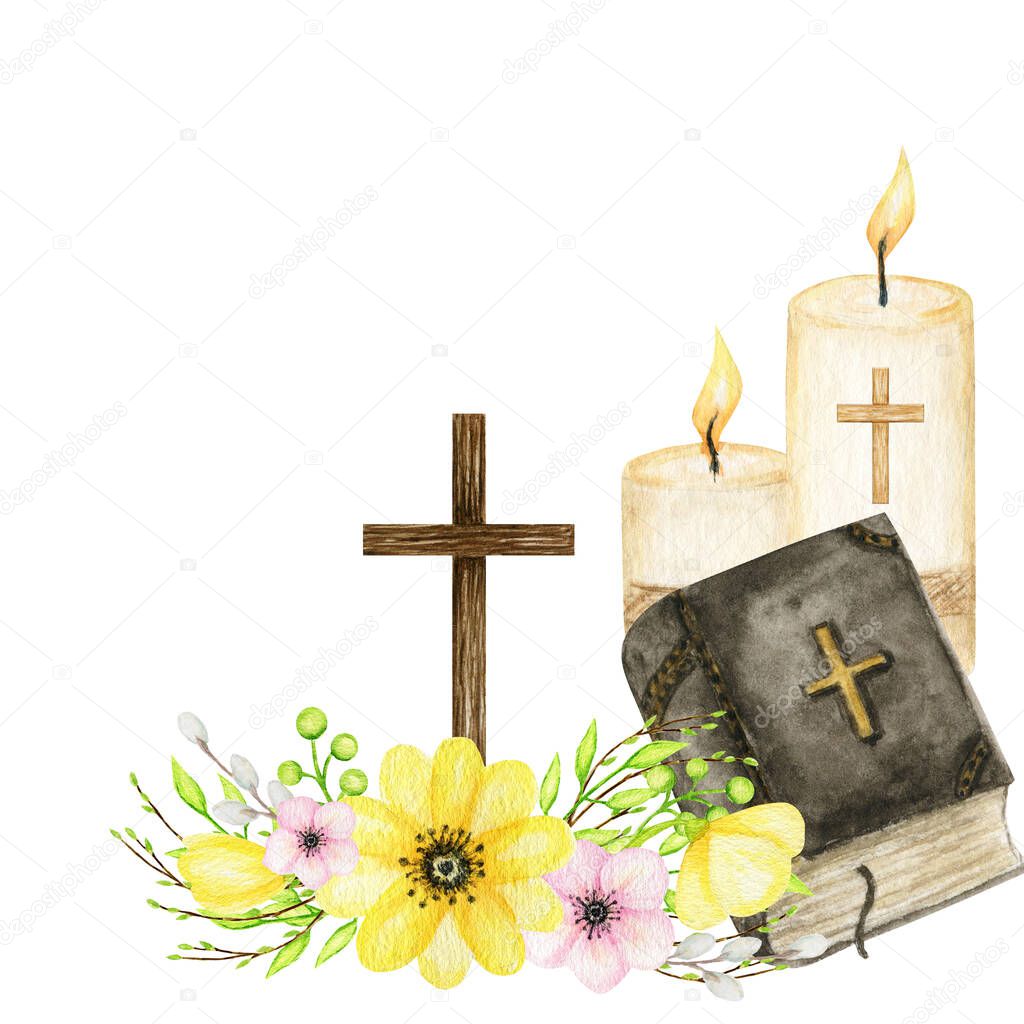 Wooden Christian Cross with flowers, bible, vandles. Catholic Church floral cross composition isolated on white background. Religion symbol for Easter, Baptism, first communion card