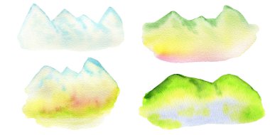 Suluboya Bahar Dağları, Tepeler, Yeşil Orman manzarası Beyaz arka planda izole edilmiş