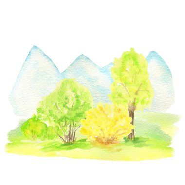 Suluboya Bahar manzarası, dağlar, tepeler, ağaçlar ve sarı çalı, Yeşil doğa ormanı manzarası, beyaz arka planda izole edilmiş manzara