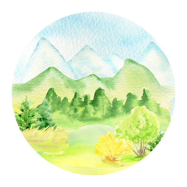 Aquarelle Paysage printanier, montagnes, collines, arbres et buisson jaune forsythia, Paysage vert forêt naturelle, illustration de paysage isolé sur fond blanc — Photo