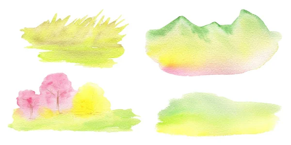 Aquarel Spring sakura probeert, bergen, heuvels set, geel forsythia bush en groen gras landschap, roze bloem zure kersenboom hand tekening illustratie geïsoleerd op witte achtergrond. — Stockfoto