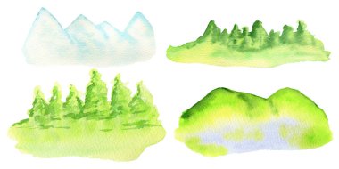 Suluboya Bahar Dağları, Tepeler, Yeşil Orman manzarası Beyaz arka planda izole edilmiş