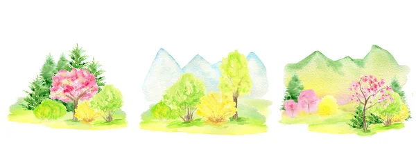 Watercolor Spring landscape, mountains, hills and sakura pink flowers trees set, Green nature forest landscape, scenery illustration isolated on white background — Stock Photo, Image