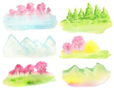 Suluboya bahar sakuraları dener, dağlar, tepeler seti, sarı fındık ağacı ve yeşil çimen manzarası, pembe çiçekli ekşi kiraz ağacı resmi beyaz arka planda izole edilmiş.