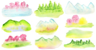 Suluboya bahar sakuraları dener, dağlar, tepeler seti, sarı fındık ağacı ve yeşil çimen manzarası, pembe çiçekli ekşi kiraz ağacı resmi beyaz arka planda izole edilmiş.