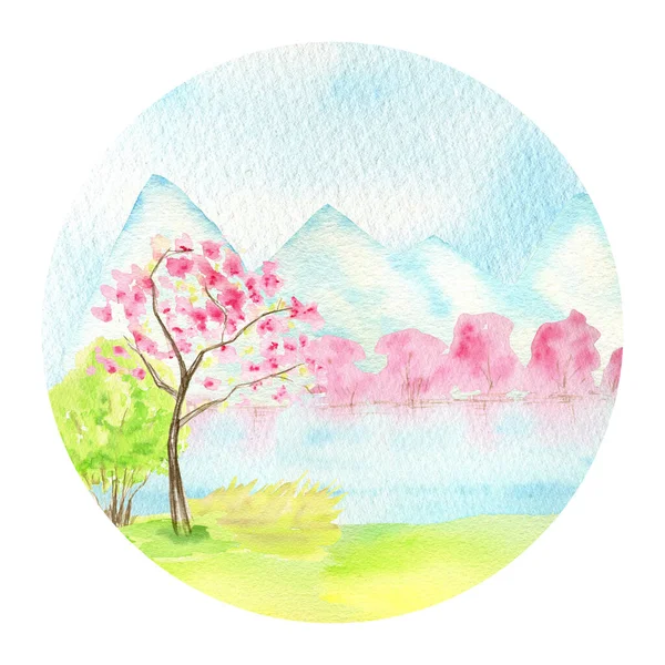 Akvarell Våren landskap, berg, kullar, sjö och sakura rosa blommor träd, Grön natur skog landskap, landskap illustration isolerad på vit bakgrund — Stockfoto