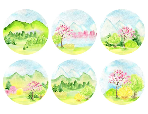 Акварель Весняний пейзаж, гори, пагорби, сакура рожеві квіти дерева і жовтий набір кущів листя, зелений природний лісовий пейзаж, декоративні ілюстрації ізольовані на білому тлі — стокове фото