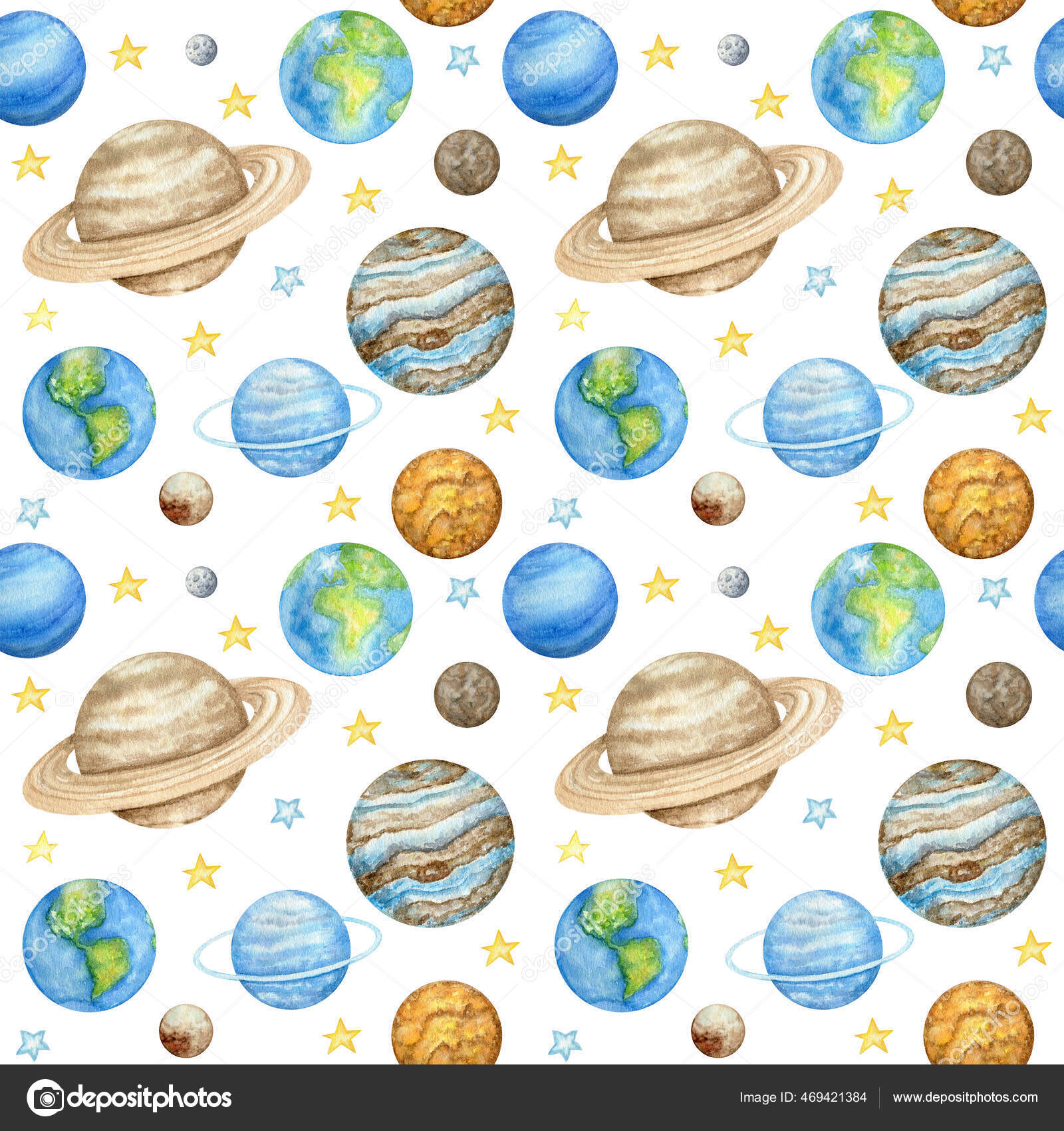 Planetas do sistema solar Padrão sem costura. Planeta Espaço Exterior  Mercúrio Vênus Terra Marte Júpiter Saturno Urano Netuno Plutão com Sol.  Design de tecido de crianças aquarela, papel de embrulho, fundo Ilustração, image size:1600x1700