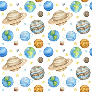 Güneş Sistemi 'nin gezegenleri kusursuz desen. Dış uzay gezegeni Merkür Venüs Mars Mars Jüpiter Satürn Uranüs Neptün Plüton Güneş. Suluboya çocuklar kumaş tasarımı, ambalaj kağıdı, arka plan