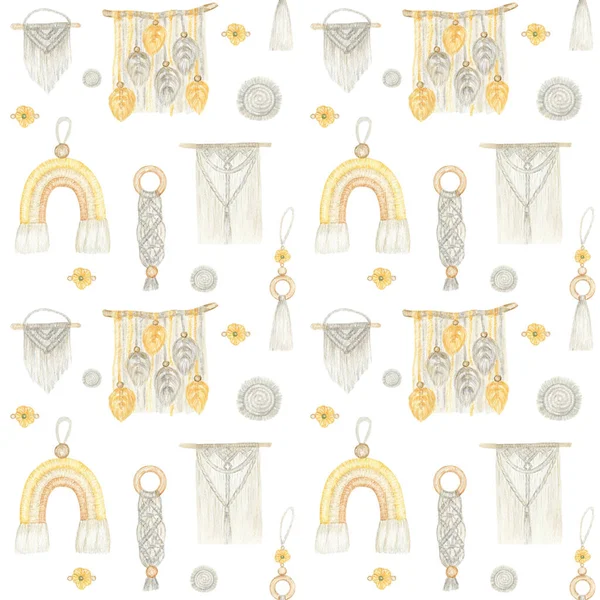 Motif aquarelle sans couture Décoration murale en coton macramé à la main sur fond blanc. Décor mural suspendu maison moderne papier numérique pour scrapbooking. Tresse de macramé et passe-temps de fils de coton. — Photo