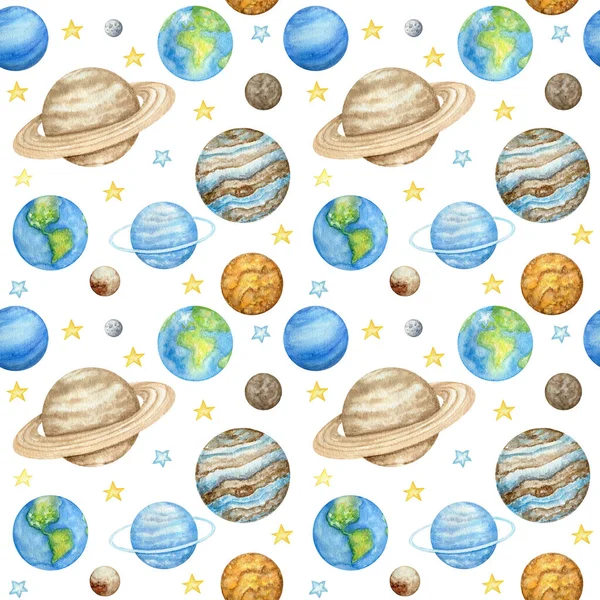 Planetas do sistema solar Padrão sem costura. Planeta Espaço Exterior Mercúrio Vênus Terra Marte Júpiter Saturno Urano Netuno Plutão com Sol. Design de tecido de crianças aquarela, papel de embrulho, fundo — Fotografia de Stock
