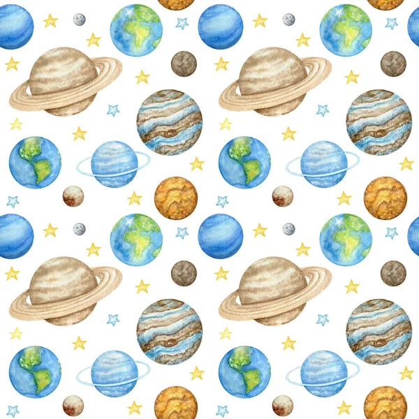 Planets of the solar system Seamless pattern. Outer Space planet Mercury Venus Earth Mars Jupiter Saturn Uranus Neptune Pluto with Sun. Watercolor kids fabric design, wrapping paper, background