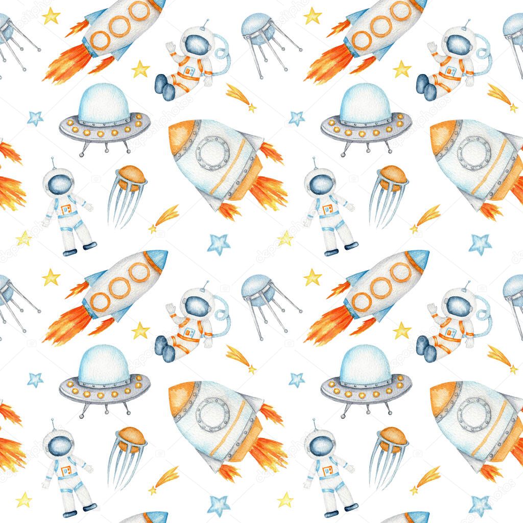Space Seamless pattern with Astronaut, cosmonaut, Space rocket, Flying saucer UFO, Spaceship, alien, Unidentified flying object, stars. Watercolor kids fabric design, wrapping paper, background
