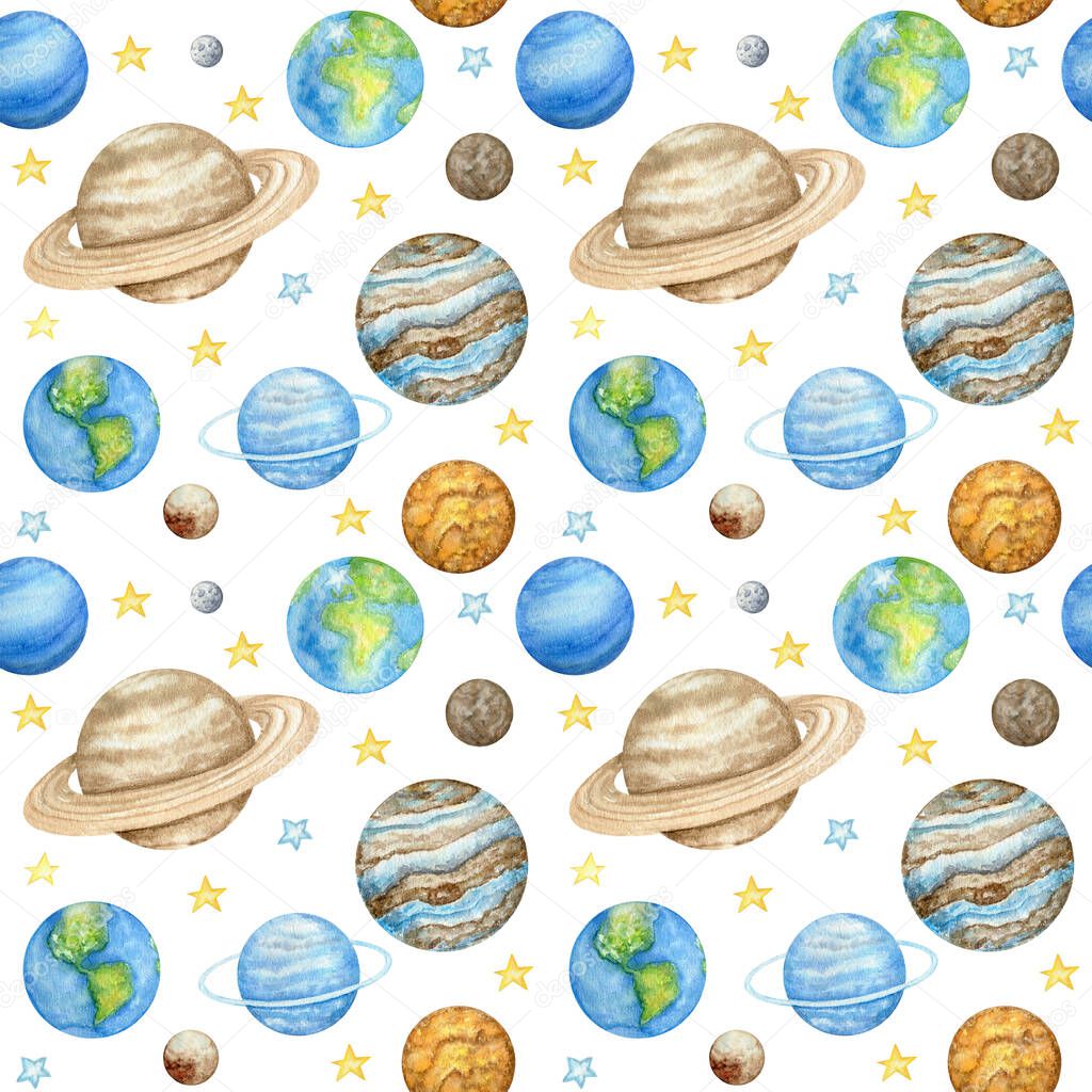 Planets of the solar system Seamless pattern. Outer Space planet Mercury Venus Earth Mars Jupiter Saturn Uranus Neptune Pluto with Sun. Watercolor kids fabric design, wrapping paper, background
