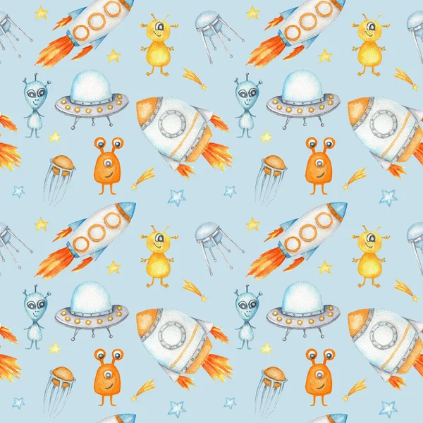 Space Seamless pattern with Astronaut, cosmonaut, Space rocket, Flying saucer UFO, Spaceship, alien, Unidentified flying object, stars. Watercolor kids fabric design, wrapping paper, background