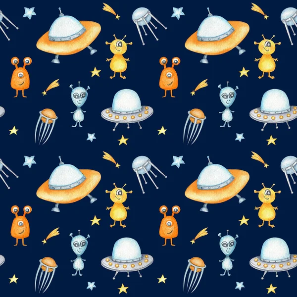 Space Seamless pattern with Astronaut, cosmonaut, Space rocket, Flying saucer UFO, Spaceship, alien, Unidentified flying object, stars. Watercolor kids fabric design, wrapping paper, background