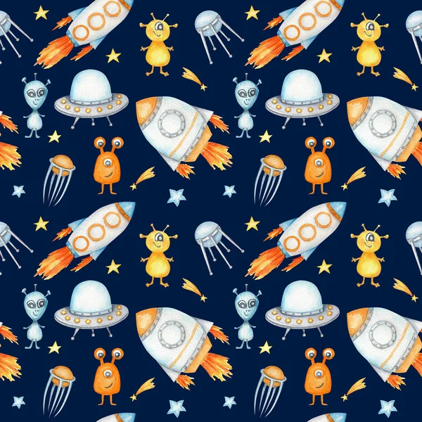 Space Seamless pattern with Astronaut, cosmonaut, Space rocket, Flying saucer UFO, Spaceship, alien, Unidentified flying object, stars. Watercolor kids fabric design, wrapping paper, background