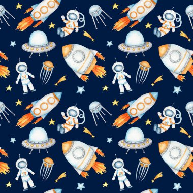 Astronot, kozmonot, uzay roketi, uçan daire UFO, uzay gemisi, uzaylı, tanımlanamayan uçan nesne, yıldızlar. Suluboya çocuklar kumaş tasarımı, ambalaj kağıdı, arka plan